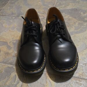 Dr. Martens Black Leather Oxfords with Yellow Stitching